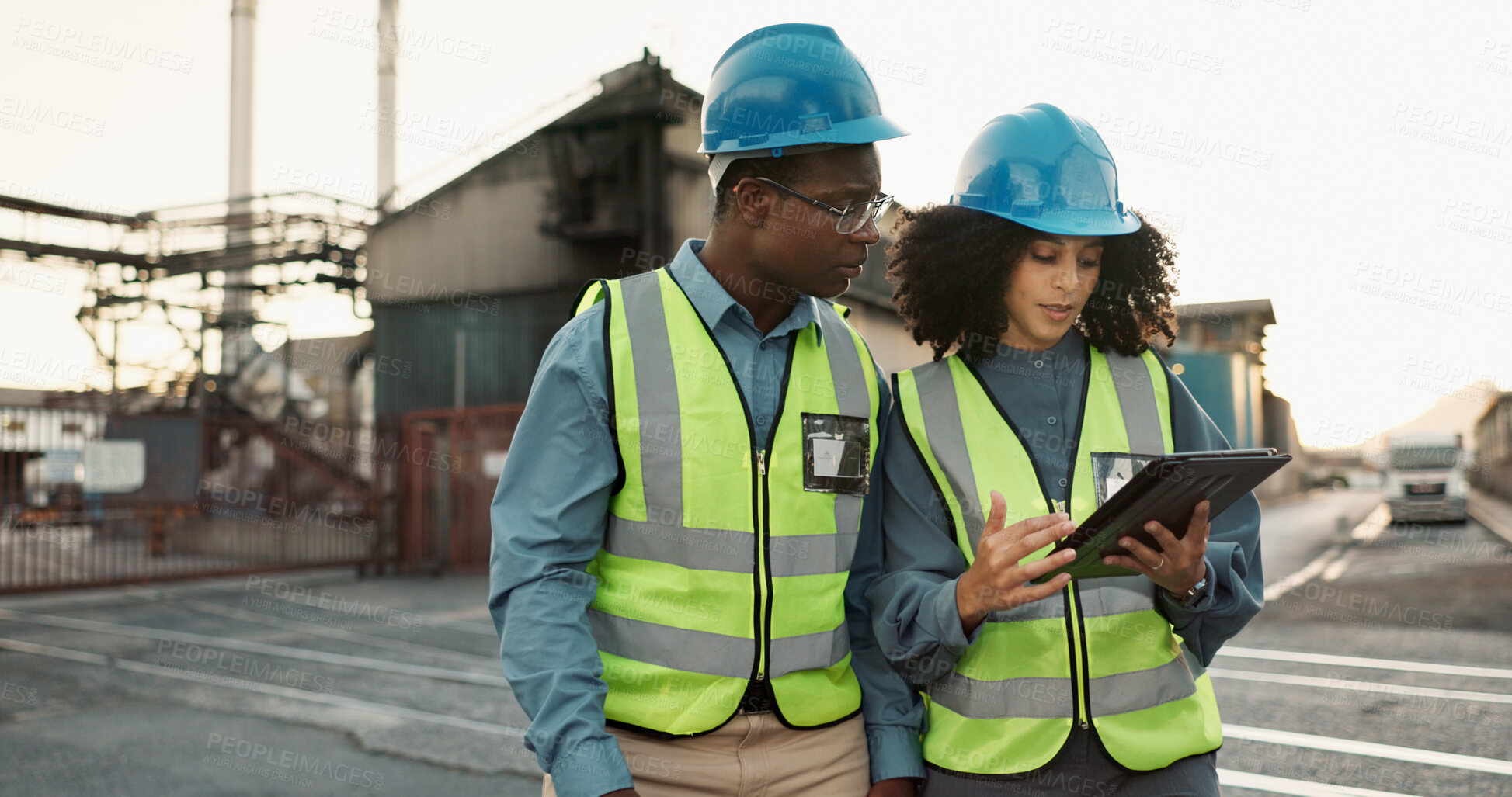 Buy stock photo Industrial, outdoor and colleagues with tablet in logistics for inspection, inventory check or delivery schedule. Shipping, black woman and man for distribution, supply chain or quality control