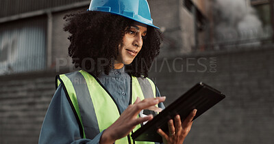 Buy stock photo Construction, night and black woman on tablet in city for planning, building and maintenance. Civil engineering, architecture and person on digital tech for project, infrastructure and manufacturing