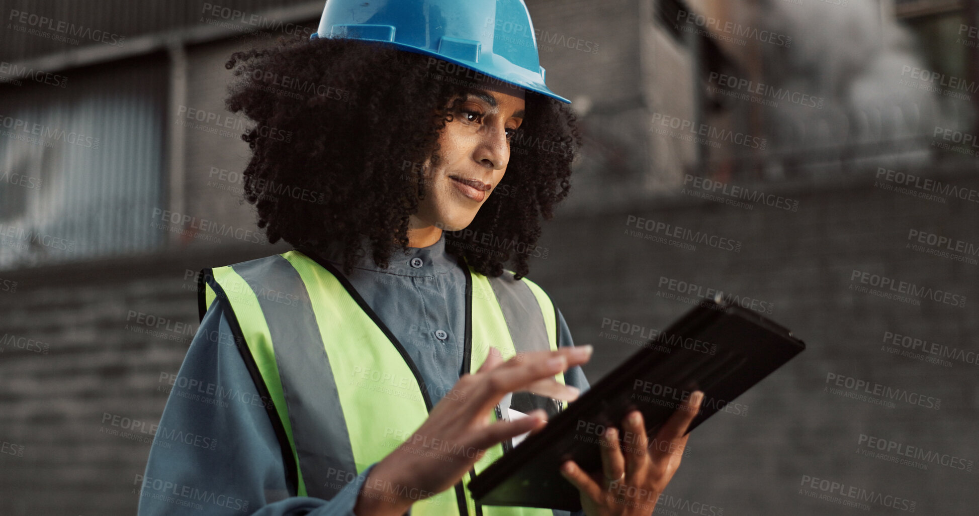 Buy stock photo Construction, night and black woman on tablet in city for planning, building and maintenance. Civil engineering, architecture and person on digital tech for project, infrastructure and manufacturing