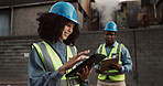 Construction, planning and people on tablet for teamwork, inspection and maintenance. Civil engineering, architecture and man and woman with clipboard for project, infrastructure and manufacturing