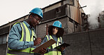 Construction, planning and people on tablet talking for inspection, teamwork and maintenance. Civil engineering, clipboard and man and woman in discussion for project, infrastructure or manufacturing