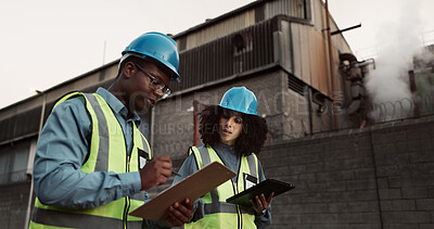 Buy stock photo Construction, planning and people on tablet talking for inspection, teamwork and maintenance. Civil engineering, clipboard and man and woman in discussion for project, infrastructure or manufacturing