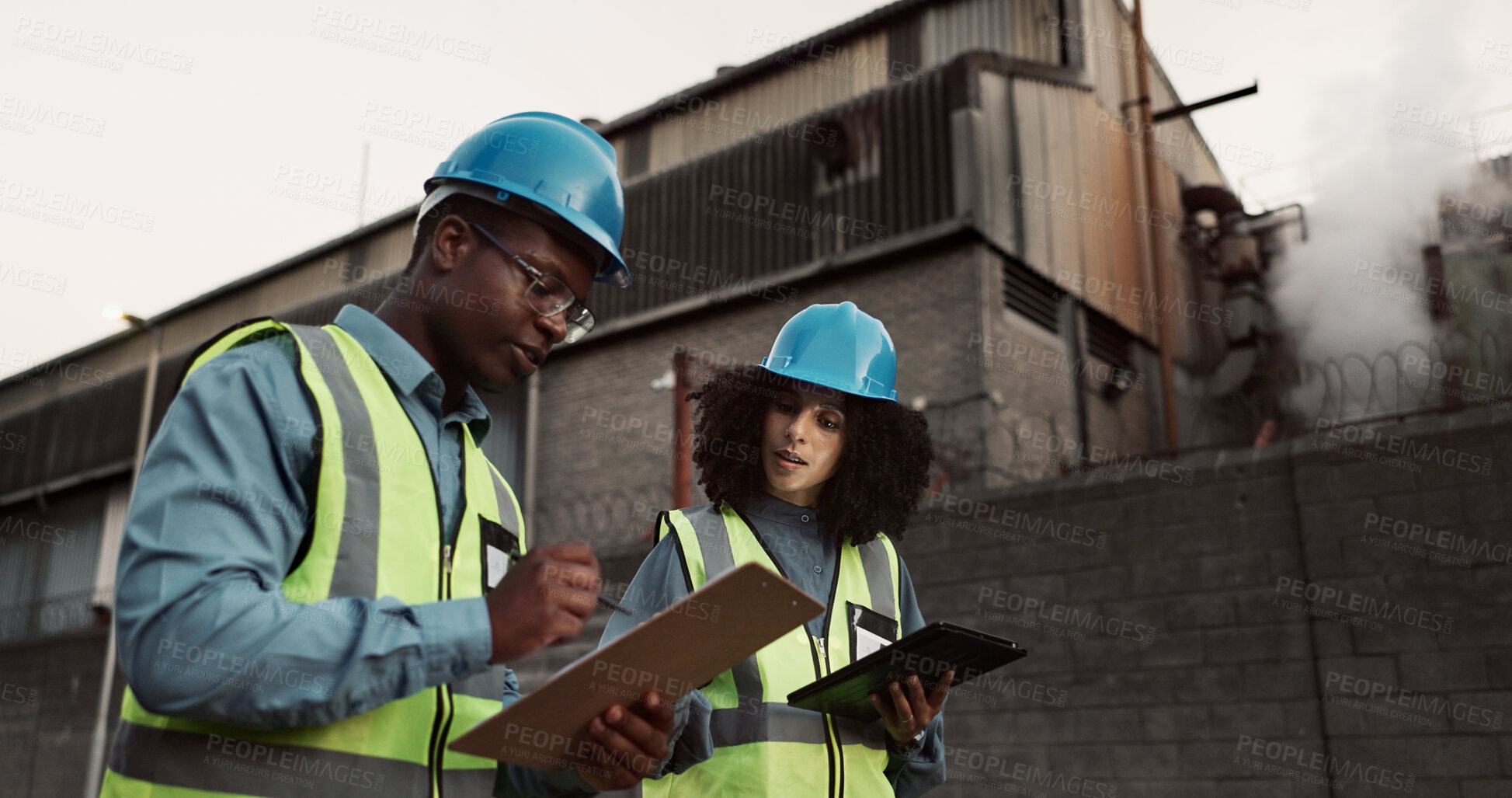 Buy stock photo Construction, planning and people on tablet talking for inspection, teamwork and maintenance. Civil engineering, clipboard and man and woman in discussion for project, infrastructure or manufacturing