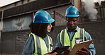 Construction site, clipboard and people on tablet for planning, building inspection and maintenance. Civil engineering, teamwork and man and woman talking for project, infrastructure or manufacturing