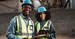 Construction site, portrait and people on tablet for planning, building inspection and maintenance. Civil engineering, architecture team and man and woman for project, infrastructure or manufacturing