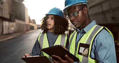 Buy stock photo Construction, discussion and people on tablet for planning, teamwork and maintenance. Civil engineering, architecture and man and woman on digital tech for project, infrastructure and manufacturing