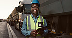 Construction site, portrait and black man on tablet for planning, building and maintenance. Civil engineering, architecture and person on digital tech for project, infrastructure and manufacturing