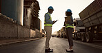 Construction site, city and people in discussion for planning, building inspection and maintenance. Civil engineering, architecture team and man and woman for project, infrastructure or collaboration