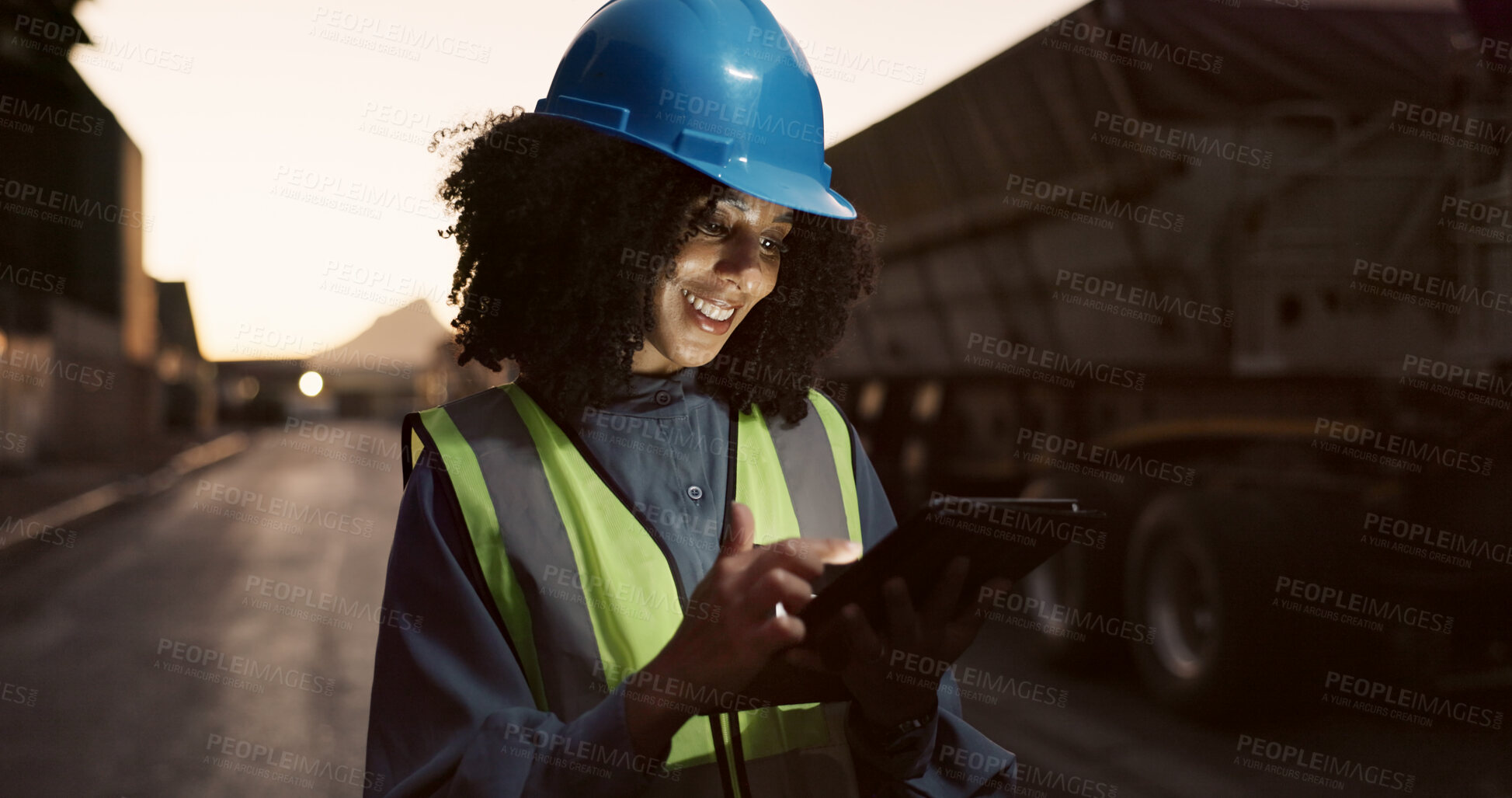 Buy stock photo Construction, happy and black woman on tablet in city for planning, building and maintenance. Civil engineering, architecture and person on digital tech for project, infrastructure and manufacturing