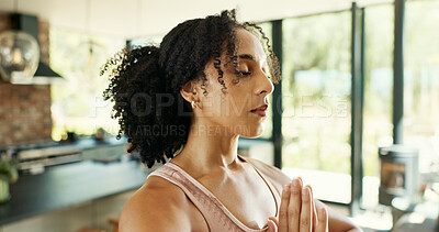 Buy stock photo Calm, home and woman with meditation in morning for spiritual healing, awareness and connection. Zen, person and relax with mental health exercise for chakra, balance and mindfulness on weekend