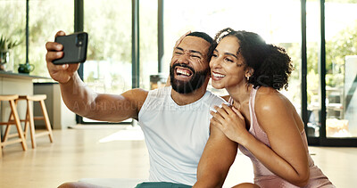 Buy stock photo Happy, couple and selfie for fitness exercise at house with photography memory together to relax from workout training. Smile, woman and man with team break for profile update of cardio progress