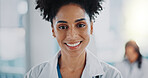 Face, woman and doctor with smile in portrait at hospital for medicine development, consultation and support. Clinic, medical and confident with career, growth and opportunity for healthcare project
