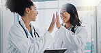 Tablet, people or doctors high five for success, goals or achievement target in hospital for healthcare. Proud, happy women and excited workers with nursing progress, medical mission and teamwork