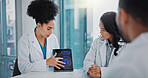Healthcare, surgeon on tablet and doctor with group in discussion, talking and report about medical results in clinic. Neurologist, hospital and medical worker, consultation for brain and MRI scan