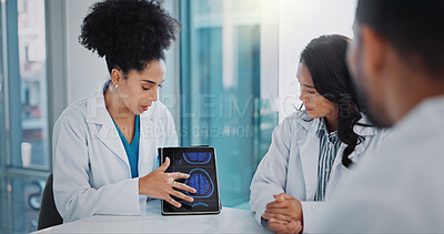 Buy stock photo Healthcare, surgeon on tablet and doctor with group in discussion, people and report about medical results in clinic. Neurologist, hospital and medical worker, consultation for brain and MRI scan