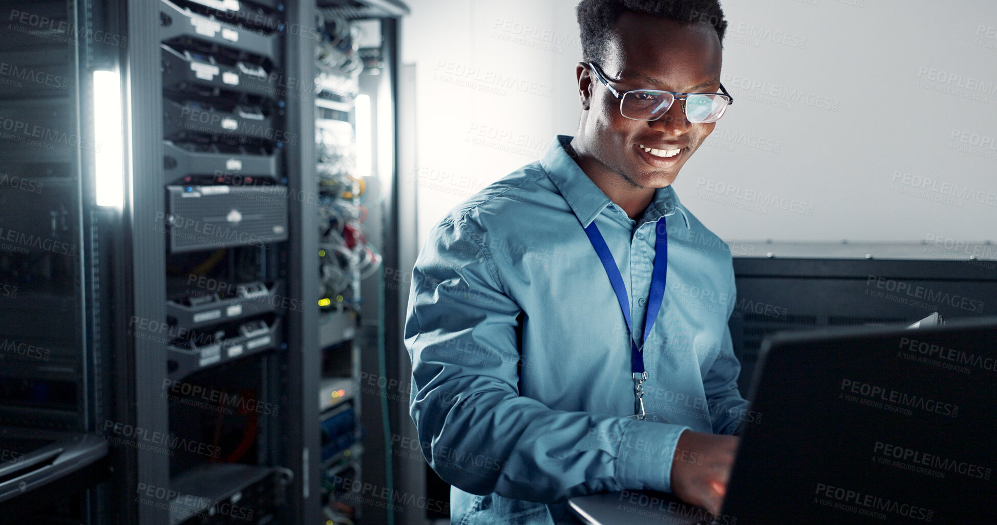 Buy stock photo Laptop, server room and technician programming software, update or system network maintenance. Technology, data center or happy black man on database for information, cybersecurity or cloud computing