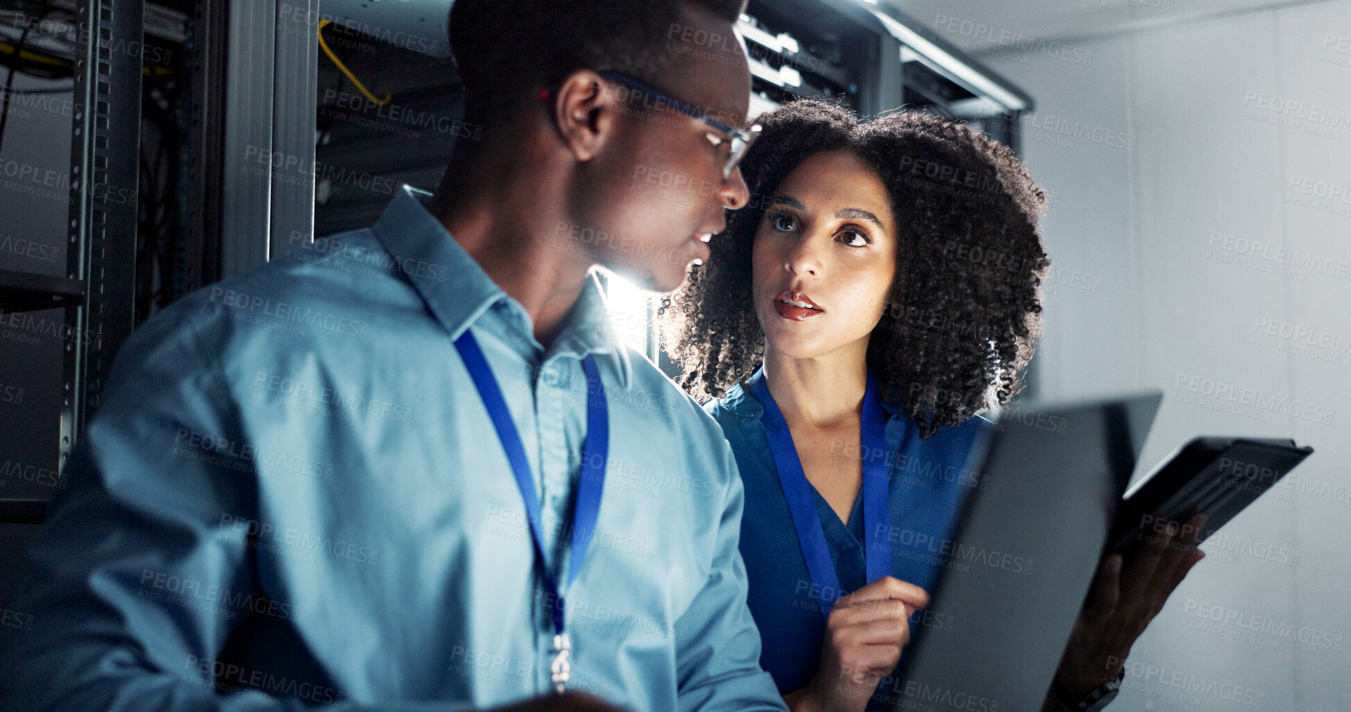 Buy stock photo People, server room and working or coding with tablet, teamwork and firmware installation or system programming. Network, database and IT technician together, bigdata and software infrastructure