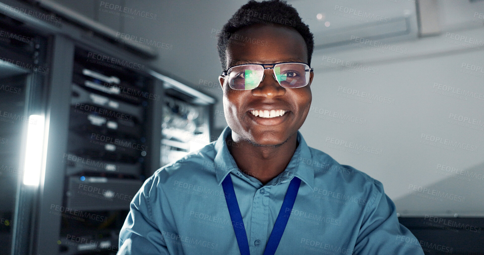 Buy stock photo Man, happy and smiling or working in server room, system update and firmware installation or program developer. Online, network and cybersecurity or IT engineer, datacenter and professional employee