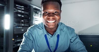 Buy stock photo Man, happy and portrait or working in server room, system update and firmware installation or program developer. Online, network and cybersecurity or IT engineer, datacenter and professional employee