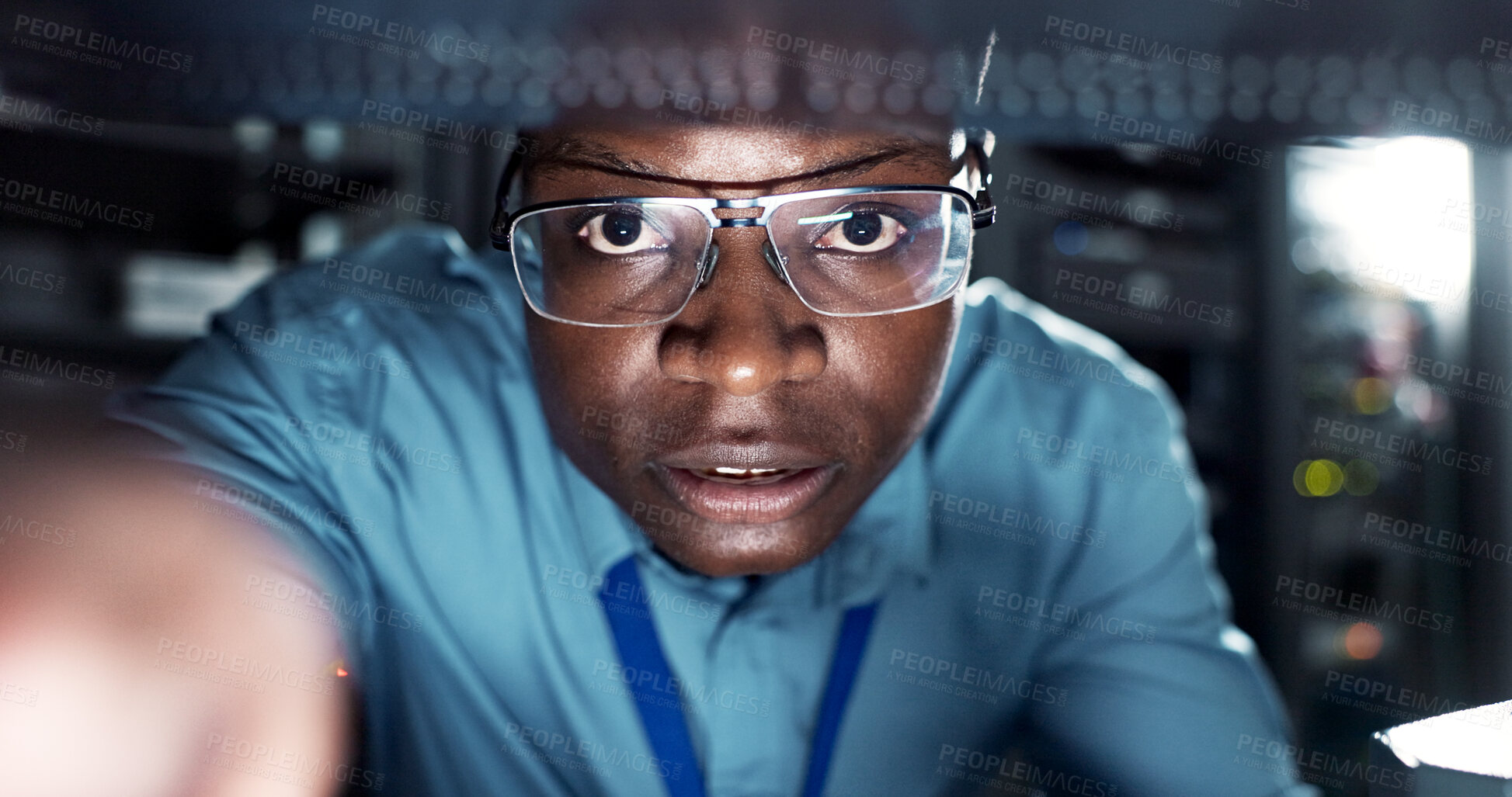 Buy stock photo Technology, serious and portrait of man with cybersecurity to prevent hacking, scam or phishing. Fraud, data protection and African coder with mistake, crisis or cloud computing for troubleshooting.