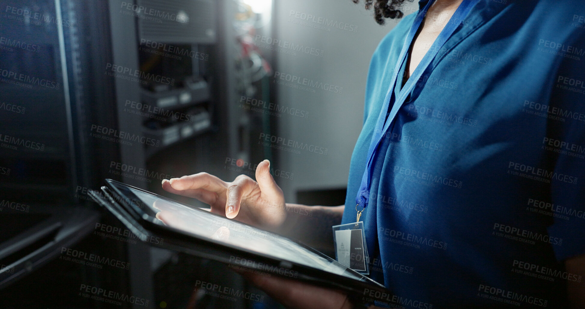 Buy stock photo Engineer, hands and woman with tablet in server room, cyber security and firmwear update for gdpr with online programming. Developer, maintenance email and IT support, database and network info