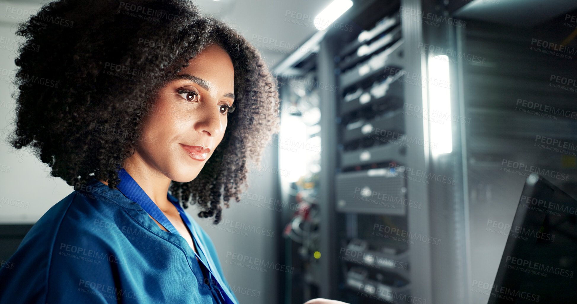 Buy stock photo Laptop, server room and woman programming software, update or system network maintenance. Technology, data center or technician on database for information, cyber security or code for cloud computing