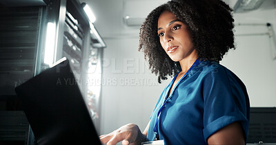 Buy stock photo Computer, server room and woman programming software, update or system network maintenance. Technology, data center or technician on laptop for information, cyber security or code for cloud computing