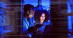 Man, woman and tablet with overlay for technology, maintenance in dark data center or futuristic. Teamwork, digital information and cloud computing with app, network programming or problem solving