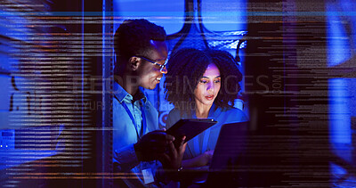 Buy stock photo Man, woman and tablet with overlay for technology, maintenance or night data center or futuristic. Teamwork, digital information and cloud computing with app, network programming or problem solving