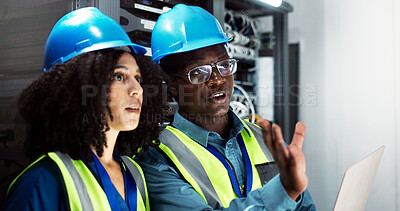 Buy stock photo People, maintenance and laptop in server room talking, technician and firmware installation or system update. Network, database and cyber programming together, teamwork and online for IT software