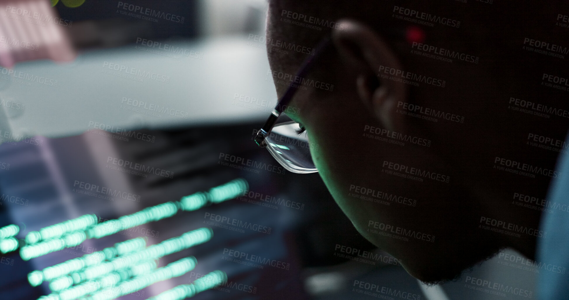 Buy stock photo Man, back and server room or technician working, lights and tech for communications for software upgrade. Hardware, cyber security and programmer screen for firmwear update, network and engineer