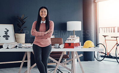 Buy stock photo Crossed arms, woman and portrait of architect in office with industrial project management career. Happy, professional and Asian city planner with confidence for industry development in workplace.