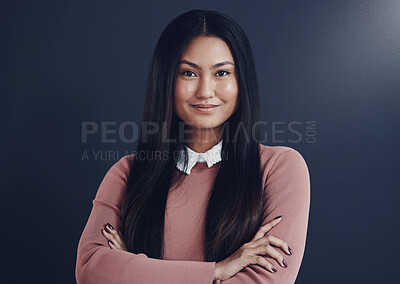 Buy stock photo Crossed arms, pride and portrait of businesswoman with corporate career growth in finance consolidation. Smile, professional and Asian female debt counsellor with confidence by studio background.