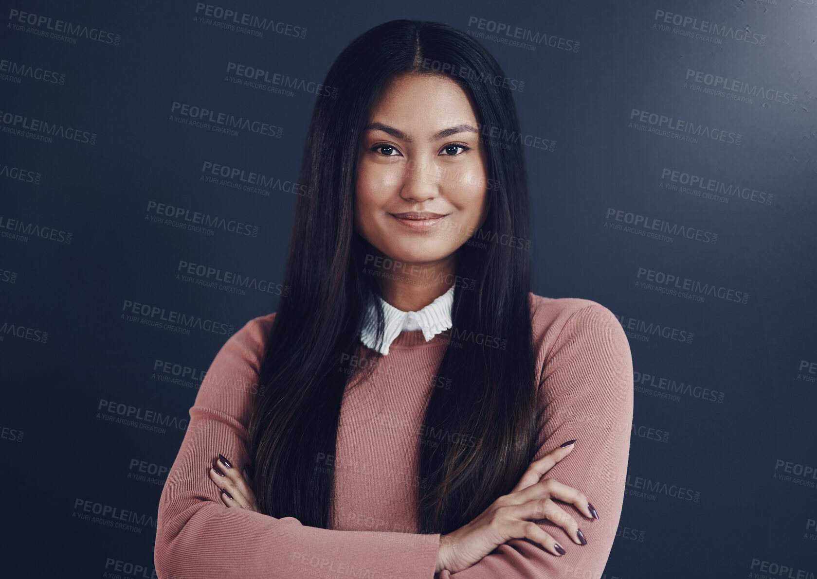 Buy stock photo Crossed arms, pride and portrait of businesswoman with corporate career growth in finance consolidation. Smile, professional and Asian female debt counsellor with confidence by studio background.