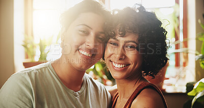 Buy stock photo Women, couple and lesbian with smile in home for trust to relax and enjoy. Support, care and happy or satisfied with pride to chill, fun and bonding in kitchen for partnership or relationship