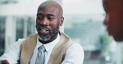 Buy stock photo Businessman, mature mentor and talking in office with training feedback, research support and explaining. Professional, african employees and teamwork at workplace with meeting for project management