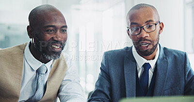 Buy stock photo Business people, men or mentor with discussion in office for training feedback, research support or explaining. Professional, african employees or teamwork at work with meeting for project management