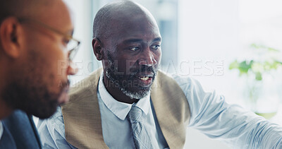 Buy stock photo Businessman, mature mentor or discussion in office with training feedback, research support or explaining. Professional, african employees or teamwork at workplace with meeting for project management