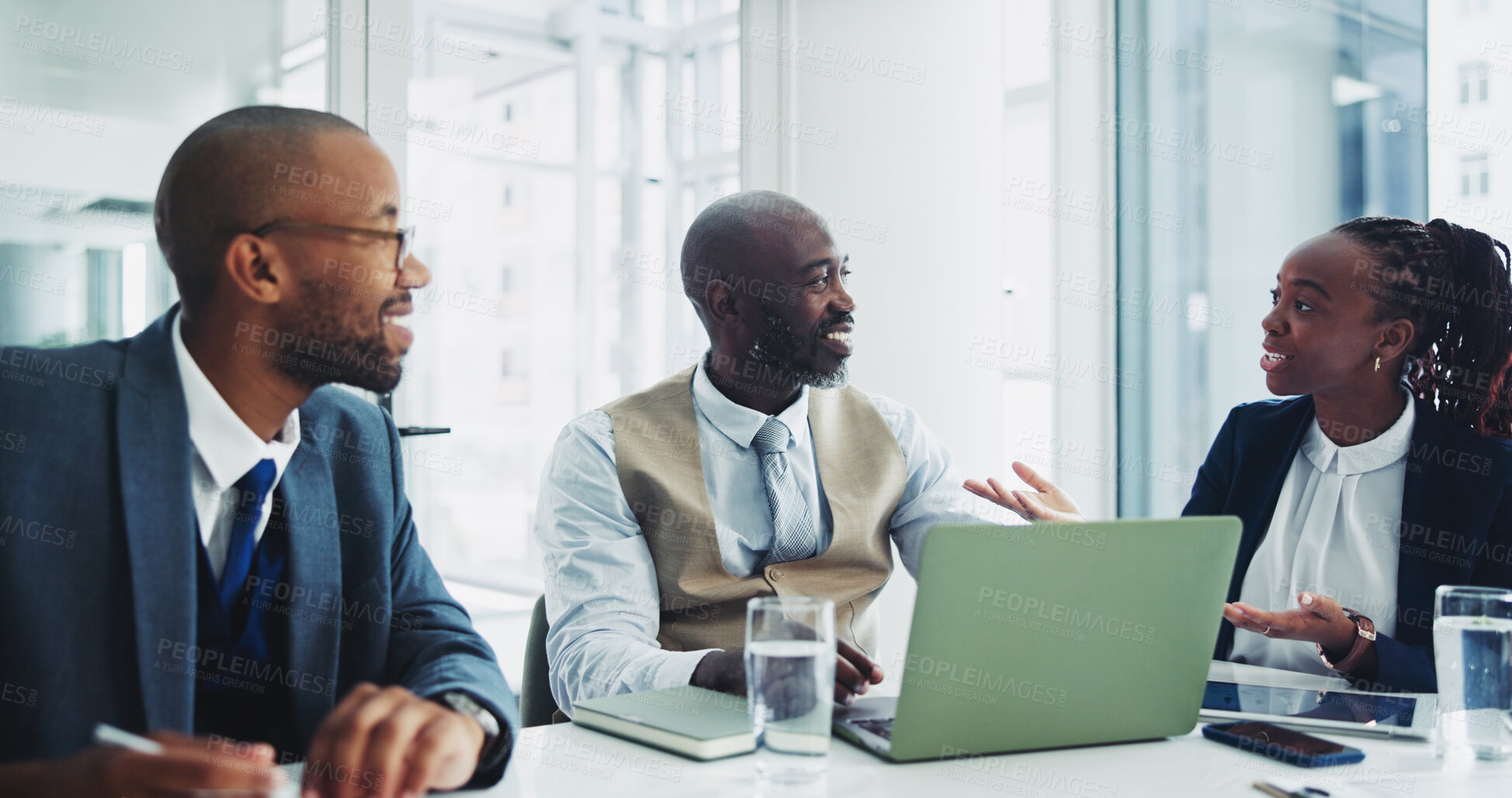 Buy stock photo Partnership, black people and happy on laptop in office for ideas on project with teamwork and collaboration. Employee, smile and boardroom with research for planning and meeting as accountant