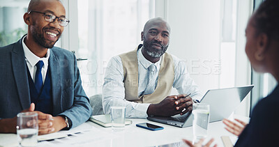 Buy stock photo African people, lawyer and discussion for negotiation with clients for advice, information and consultation. Men, woman and attorney in modern office for legal counseling with people at law firm