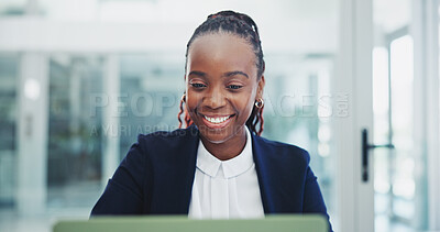 Buy stock photo African woman, lawyer and laptop with smile for virtual consultation, contact or reading for research in office. Person, advocate or attorney by pc for communication for legal counseling at law firm