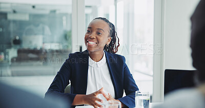 Buy stock photo African woman, lawyer and meeting for negotiation with clients for advice, information or consultation. Person, advocate or attorney in modern office for legal counseling with people at law firm