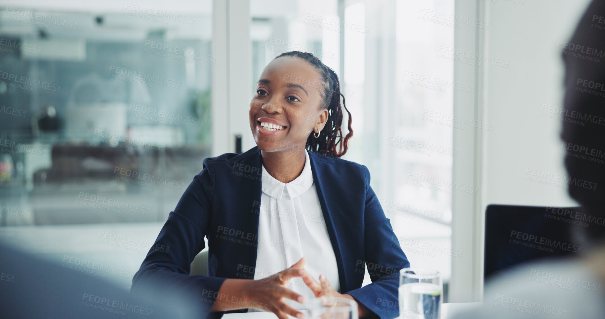 Buy stock photo African woman, lawyer and meeting for negotiation with clients for advice, information or consultation. Person, advocate or attorney in modern office for legal counseling with people at law firm