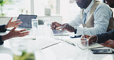 Buy stock photo Hands, business people and group with documents, negotiation and writing with notes for strategy. Teamwork, technology and discussion with paperwork, collaboration and review at financial agency