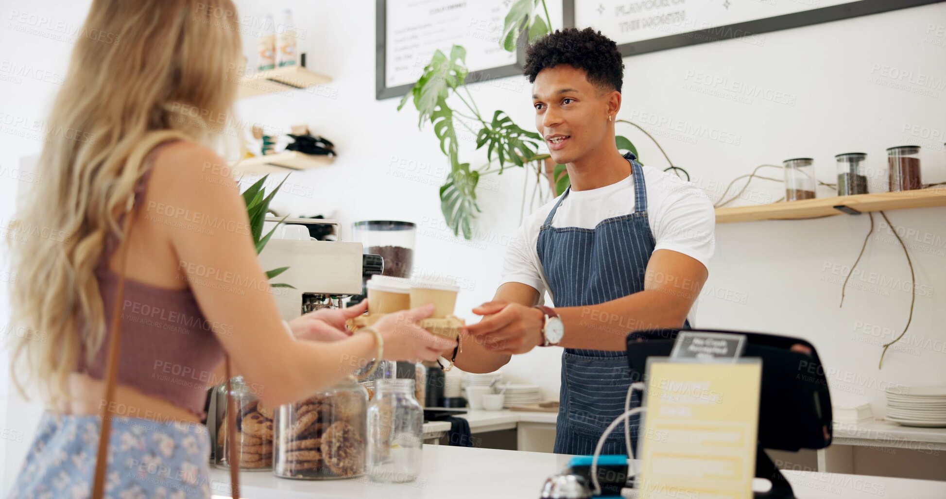 Buy stock photo Barista, coffee and serving woman in cafe with lunch, cappuccino and latte for energy or work. African man, espresso and customer in coffee shop or restaurant with cookies assisted by happy waiter