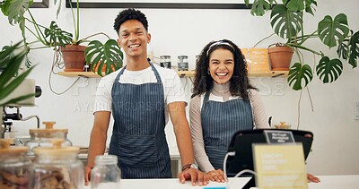 Buy stock photo Barista, coffee shop and employees with services, shop and coworkers with smile and professional. Face, man and woman in a cafe and teamwork with cooperation and confidence with small business or joy