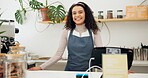 Face, barista and happy woman in coffee shop, startup or small business owner in restaurant in Portugal. Portrait, smile and cashier at cafe, employee and professional at bakery store for service