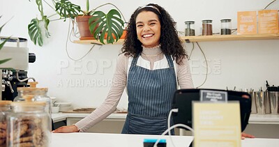 Buy stock photo Face, barista and happy woman in coffee shop, startup or small business owner in restaurant in Portugal. Portrait, smile and cashier at cafe, employee and professional at bakery store for service