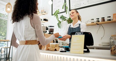 Buy stock photo Credit card, barista or customer payment at coffee shop for food, drinks or meal at counter in cafe checkout. POS machine, waiter or employee in small business restaurant with woman or lady for lunch