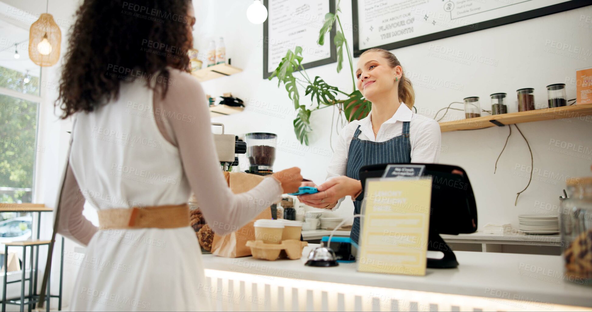 Buy stock photo Credit card, barista or customer payment at coffee shop for food, drinks or meal at counter in cafe checkout. POS machine, waiter or employee in small business restaurant with woman or lady for lunch